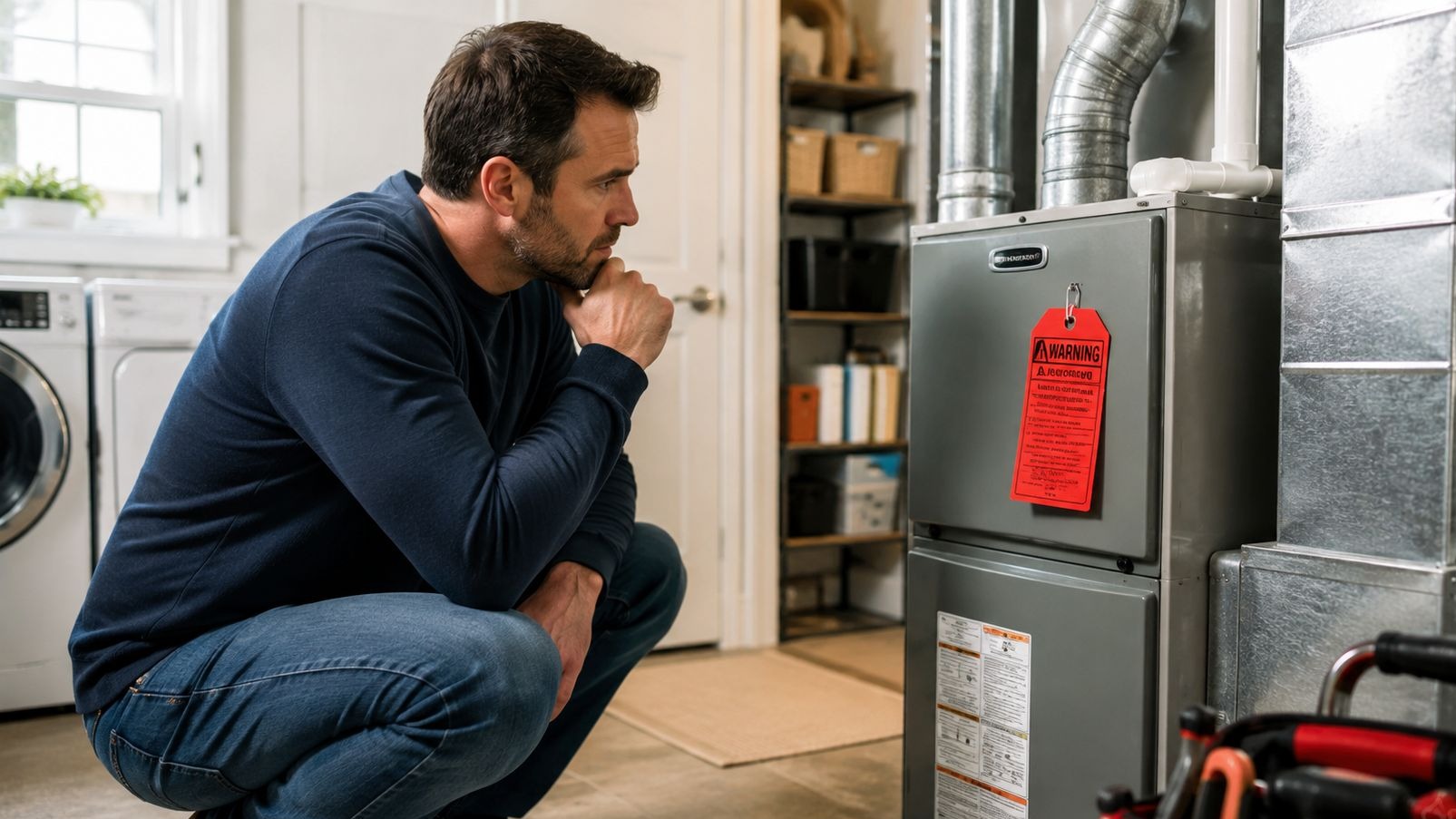 Homeowner crouched beside a red tagged gas furnace in a basement utility room.