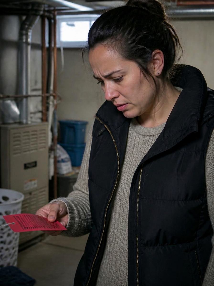 Homeowner in a winter coat looking at a red warning tag in her hand beside a shut-off gas furnace